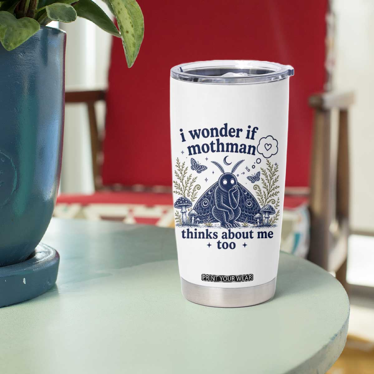 Funny Mothman Tumbler Cup I Wonder If Mothman Thinks About Me Too Cryptid Weirdcore