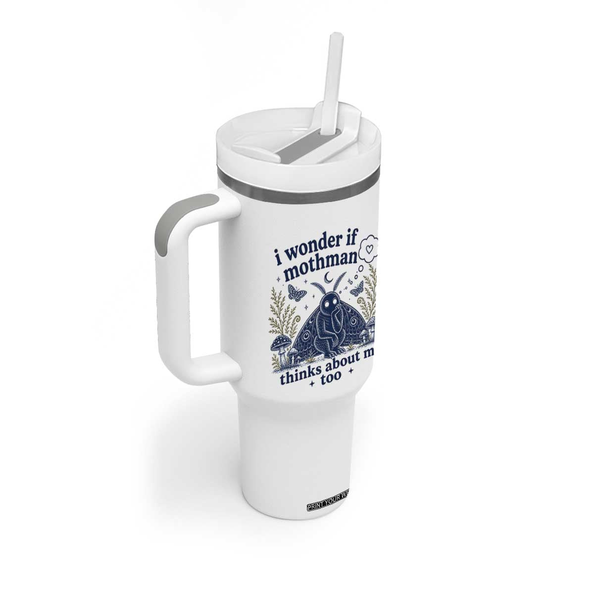 Funny Mothman Tumbler With Handle I Wonder If Mothman Thinks About Me Too Cryptid Weirdcore