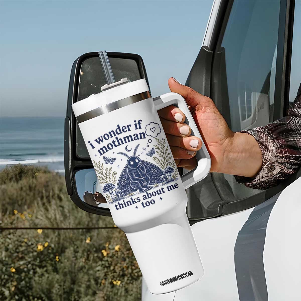 Funny Mothman Tumbler With Handle I Wonder If Mothman Thinks About Me Too Cryptid Weirdcore