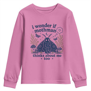 Funny Mothman Youth Sweatshirt I Wonder If Mothman Thinks About Me Too Cryptid Weirdcore