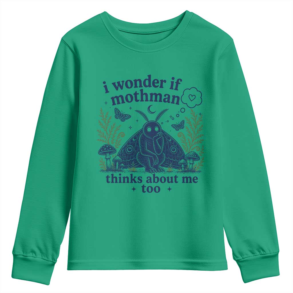 Funny Mothman Youth Sweatshirt I Wonder If Mothman Thinks About Me Too Cryptid Weirdcore