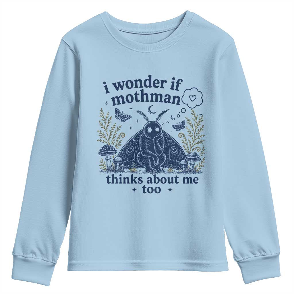 Funny Mothman Youth Sweatshirt I Wonder If Mothman Thinks About Me Too Cryptid Weirdcore