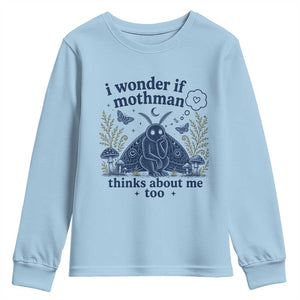 Funny Mothman Youth Sweatshirt I Wonder If Mothman Thinks About Me Too Cryptid Weirdcore