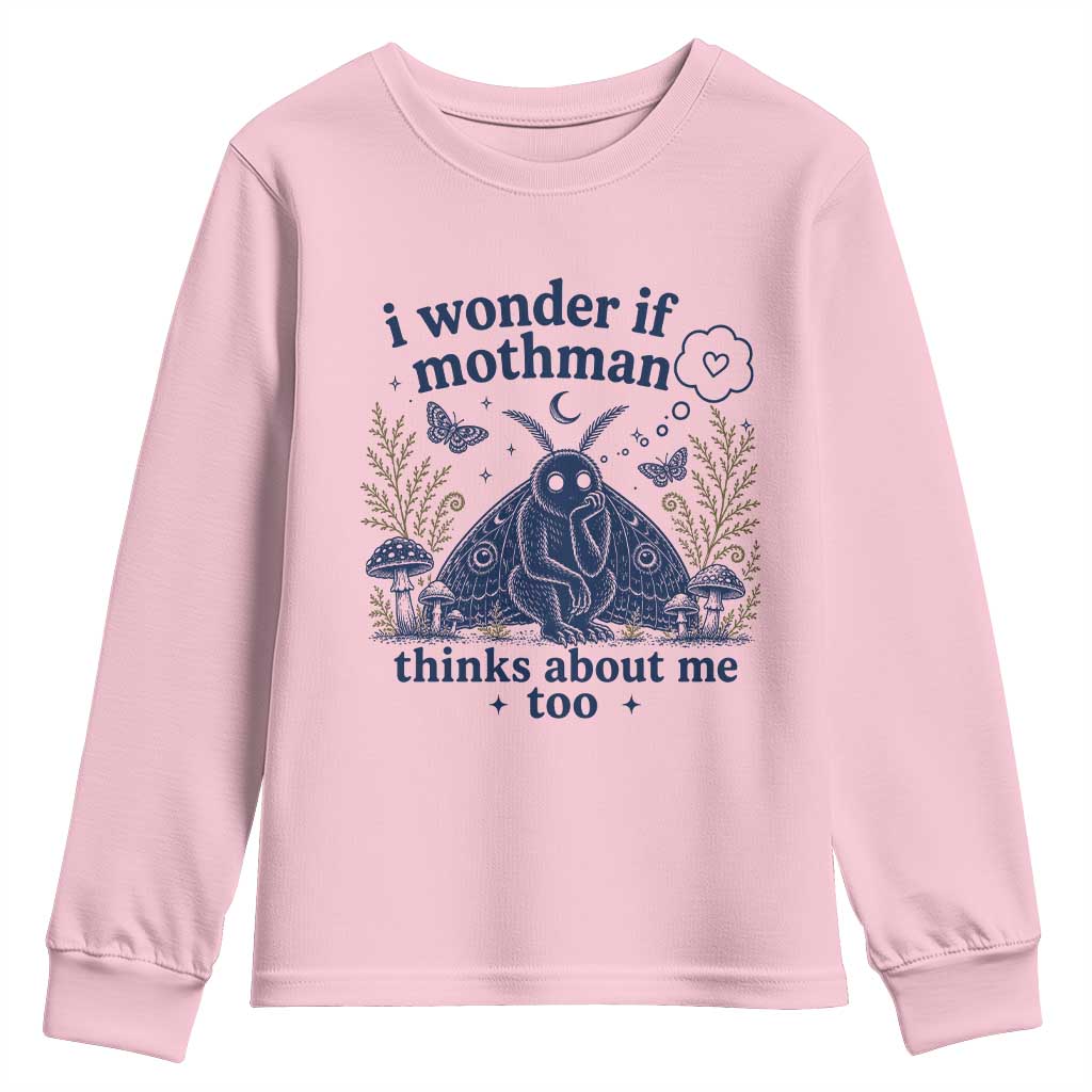 Funny Mothman Youth Sweatshirt I Wonder If Mothman Thinks About Me Too Cryptid Weirdcore
