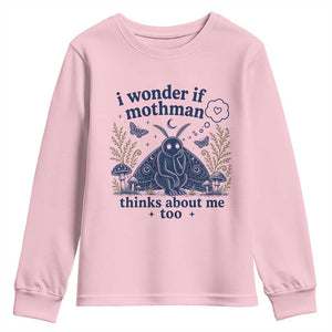 Funny Mothman Youth Sweatshirt I Wonder If Mothman Thinks About Me Too Cryptid Weirdcore