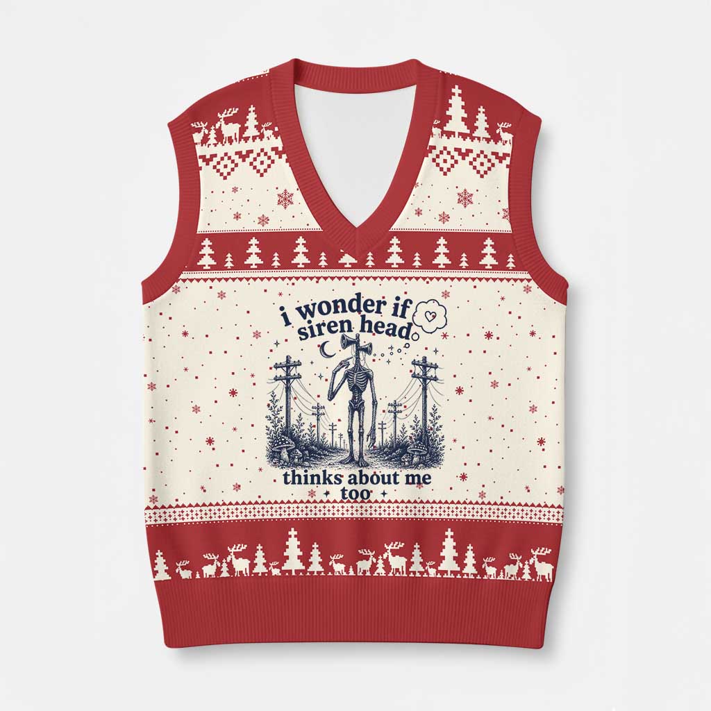 Funny Siren Head V-Neck Knit Sweater Vest I Wonder If Siren Head Thinks About Me Too Weirdcore Cryptid Lovers