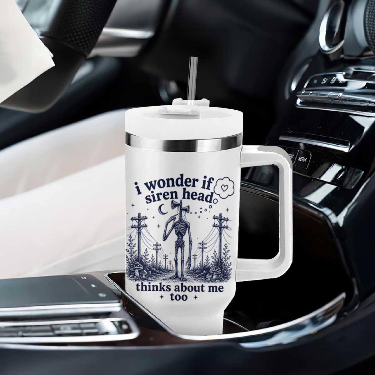Funny Siren Head Tumbler With Handle I Wonder If Siren Head Thinks About Me Too Weirdcore Cryptid Lovers