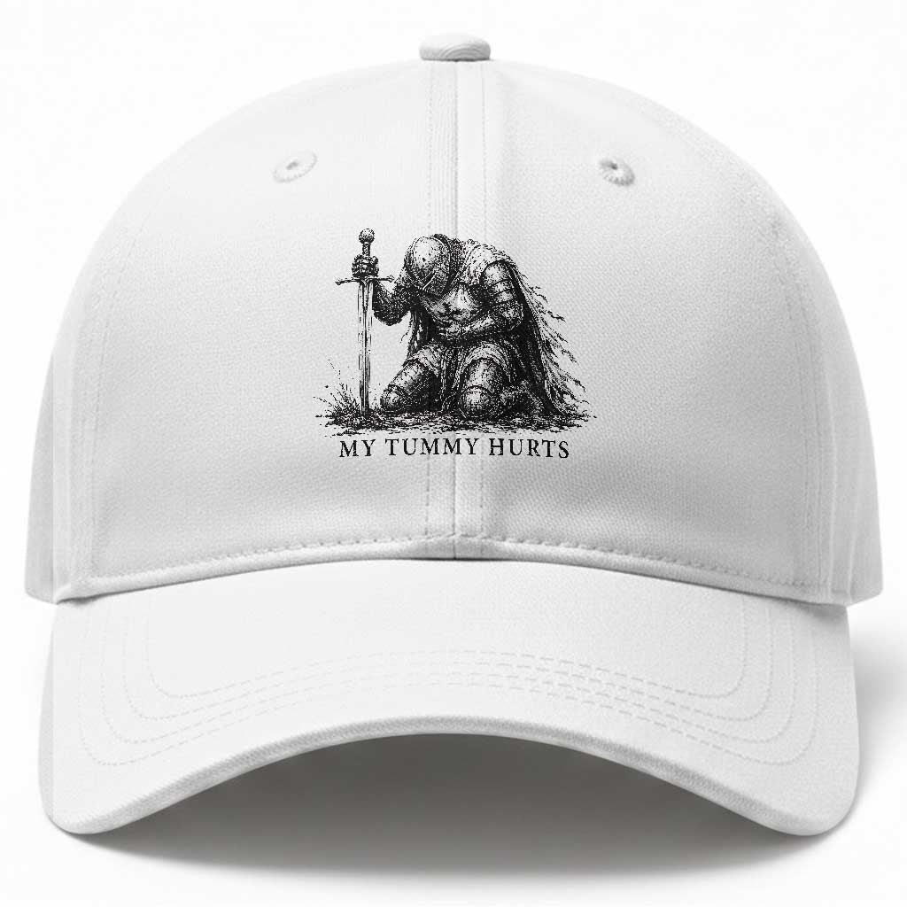 Tummy Hurts Funny Medieval Knight Baseball Cap Dark Fantasy Meme TS10 Print Your Wear