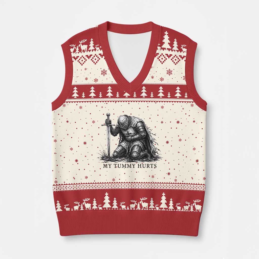 Tummy Hurts Funny Medieval Knight V-Neck Knit Sweater Vest Dark Fantasy Meme