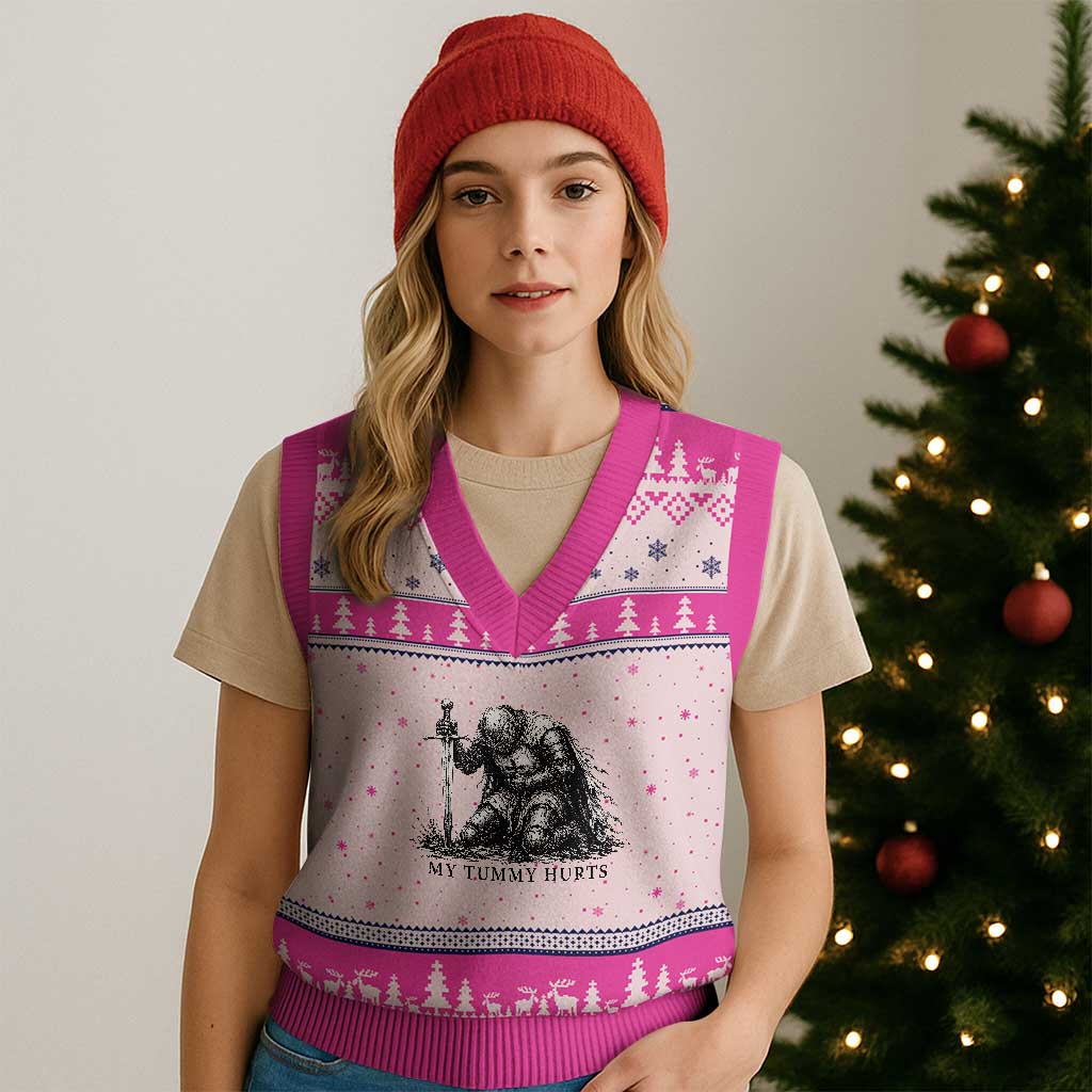 Tummy Hurts Funny Medieval Knight V-Neck Knit Sweater Vest Dark Fantasy Meme