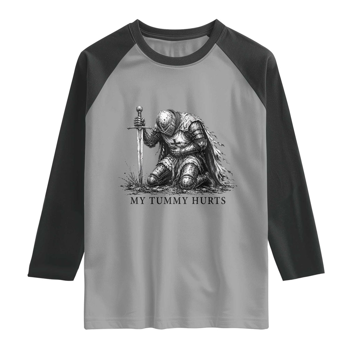 Tummy Hurts Funny Medieval Knight Raglan Shirt Dark Fantasy Meme