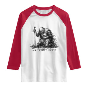 Tummy Hurts Funny Medieval Knight Raglan Shirt Dark Fantasy Meme