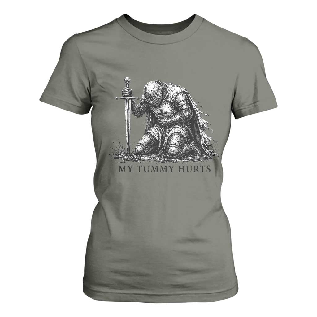 Tummy Hurts Funny Medieval Knight T Shirt For Women Dark Fantasy Meme