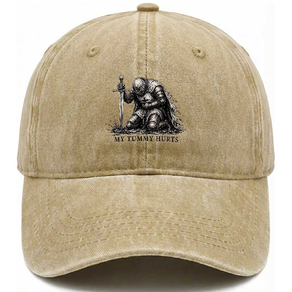 Tummy Hurts Funny Medieval Knight Washed Cotton Baseball Cap Dark Fantasy Meme TS10 Print Your Wear
