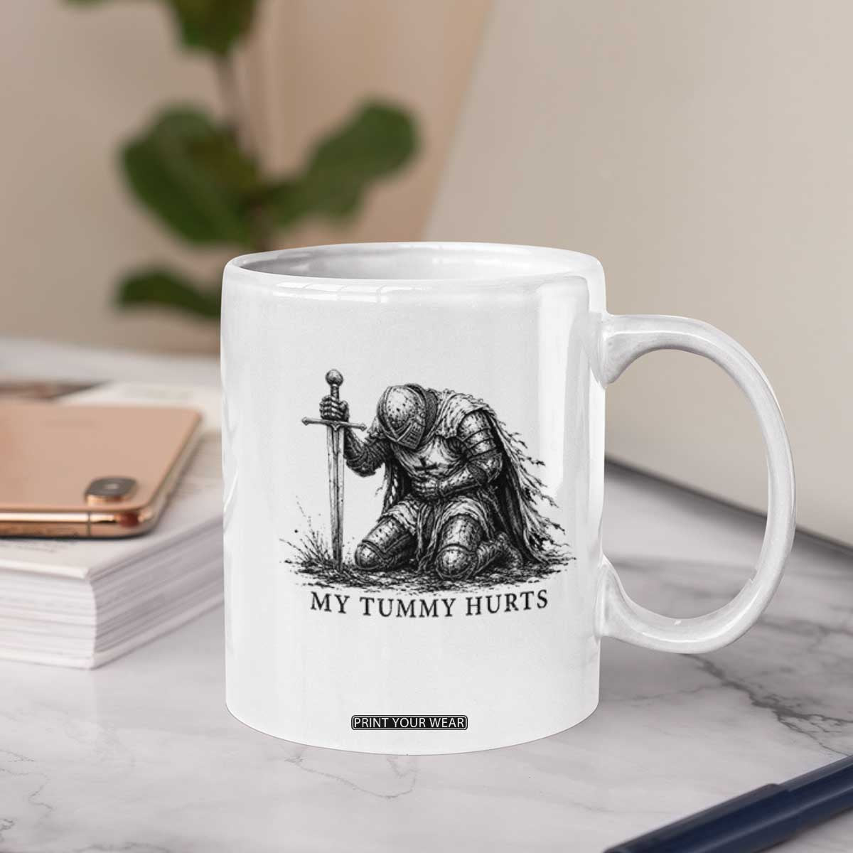 Tummy Hurts Funny Medieval Knight Coffee Mug Dark Fantasy Meme