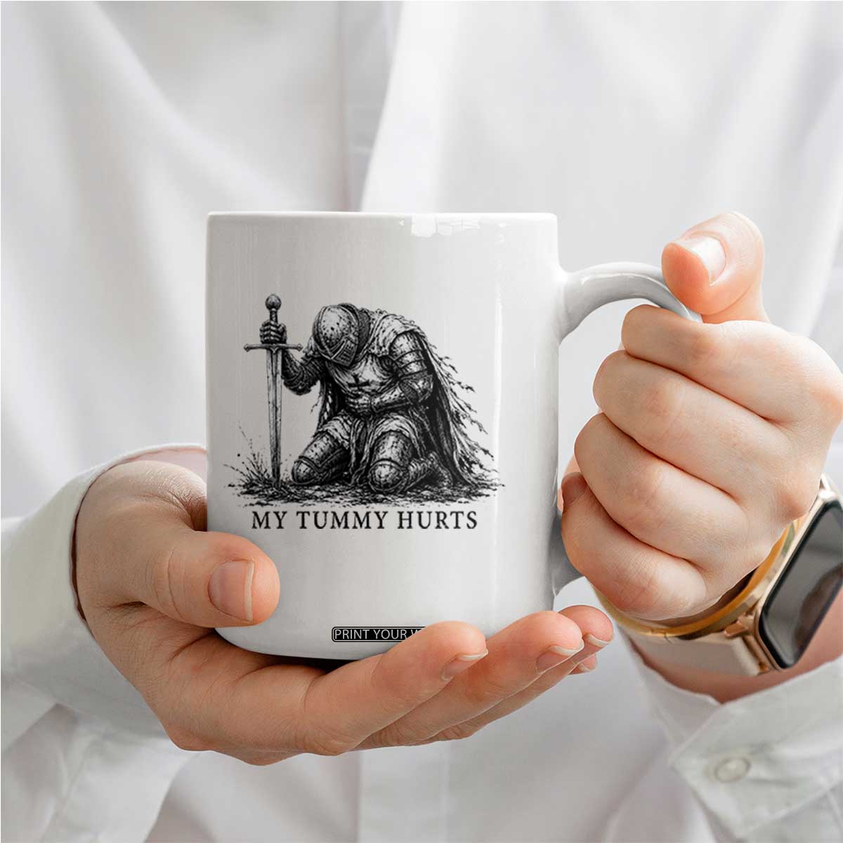 Tummy Hurts Funny Medieval Knight Coffee Mug Dark Fantasy Meme