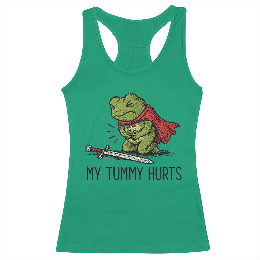 Tummy Hurts Funny Medieval Frog Racerback Tank Top Dark Fantasy Meme