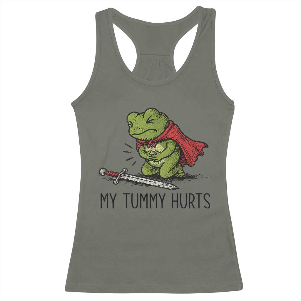 Tummy Hurts Funny Medieval Frog Racerback Tank Top Dark Fantasy Meme