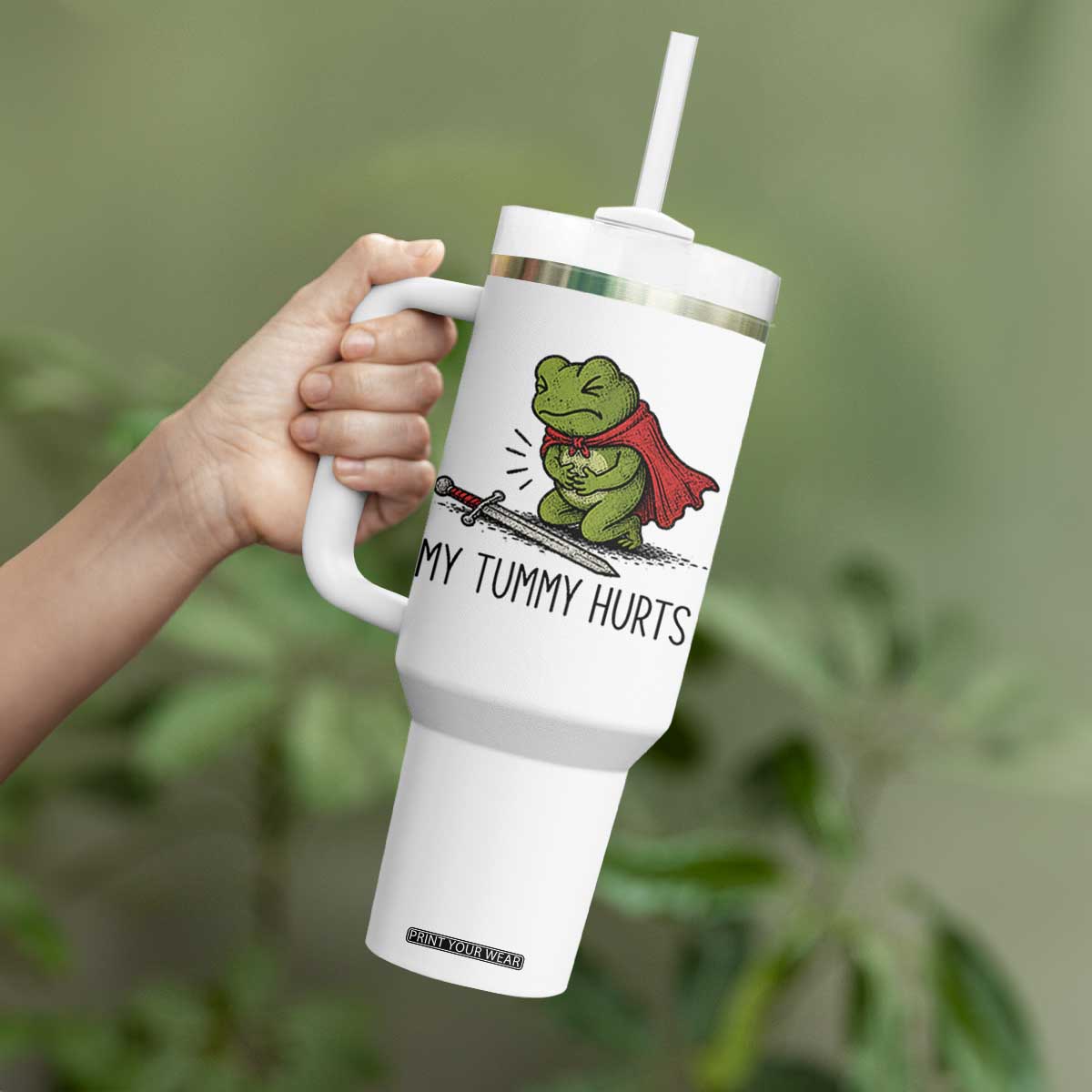 Tummy Hurts Funny Medieval Frog Tumbler With Handle Dark Fantasy Meme