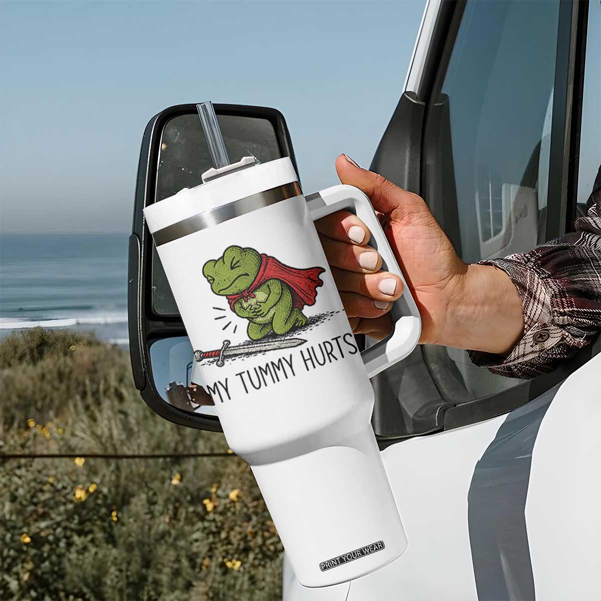 Tummy Hurts Funny Medieval Frog Tumbler With Handle Dark Fantasy Meme