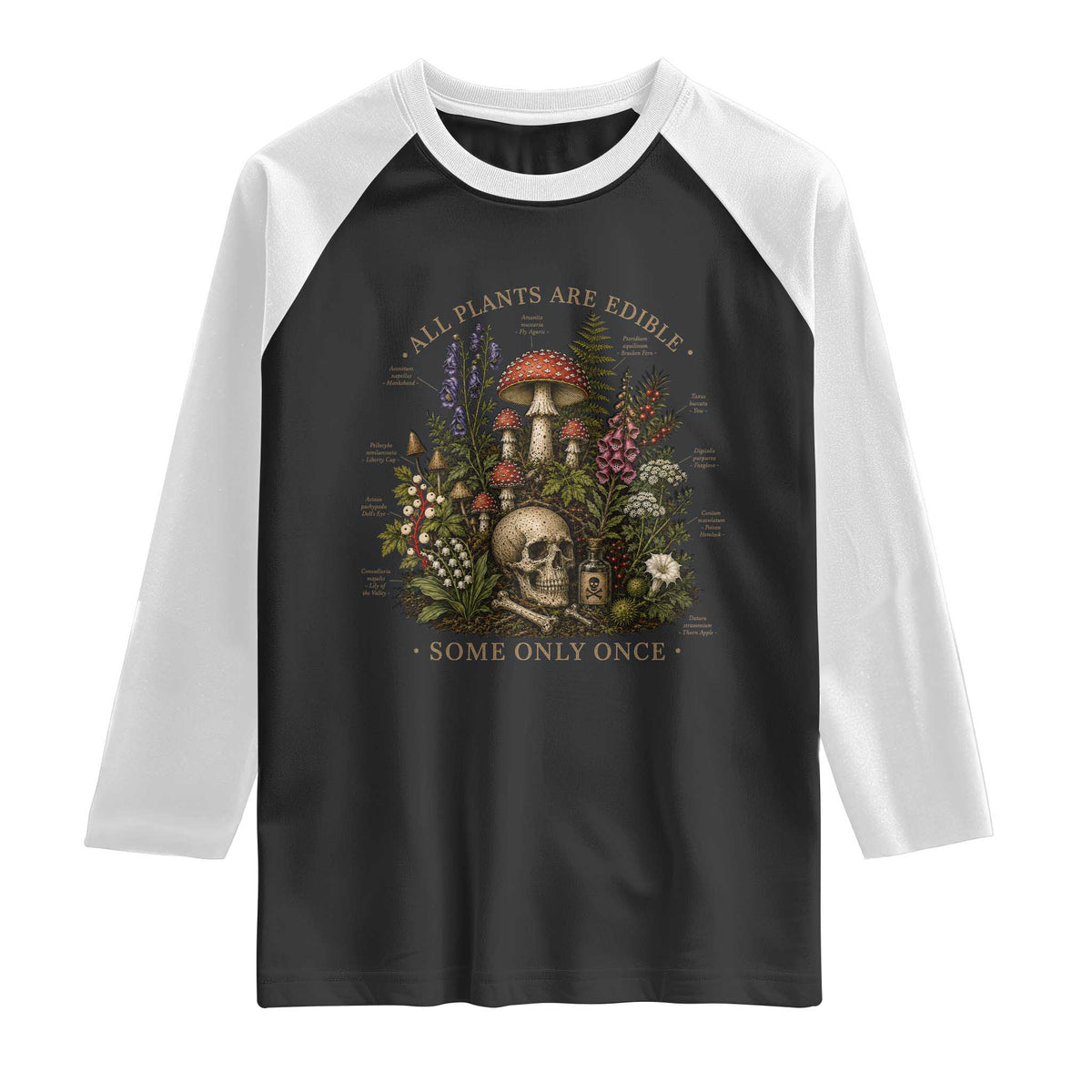 All Plants Are Edible Some Only Once Raglan Shirt Vintage Botanical Mushroom Skull Gothic Plant Lover