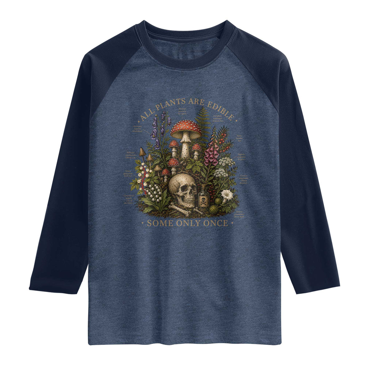 All Plants Are Edible Some Only Once Raglan Shirt Vintage Botanical Mushroom Skull Gothic Plant Lover