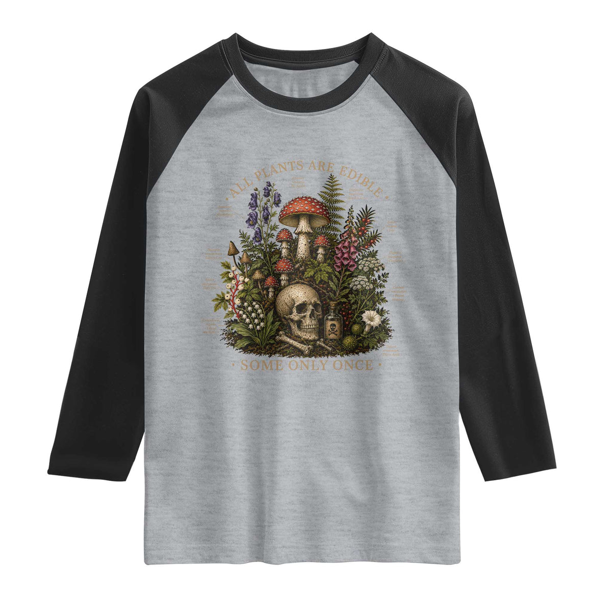 All Plants Are Edible Some Only Once Raglan Shirt Vintage Botanical Mushroom Skull Gothic Plant Lover