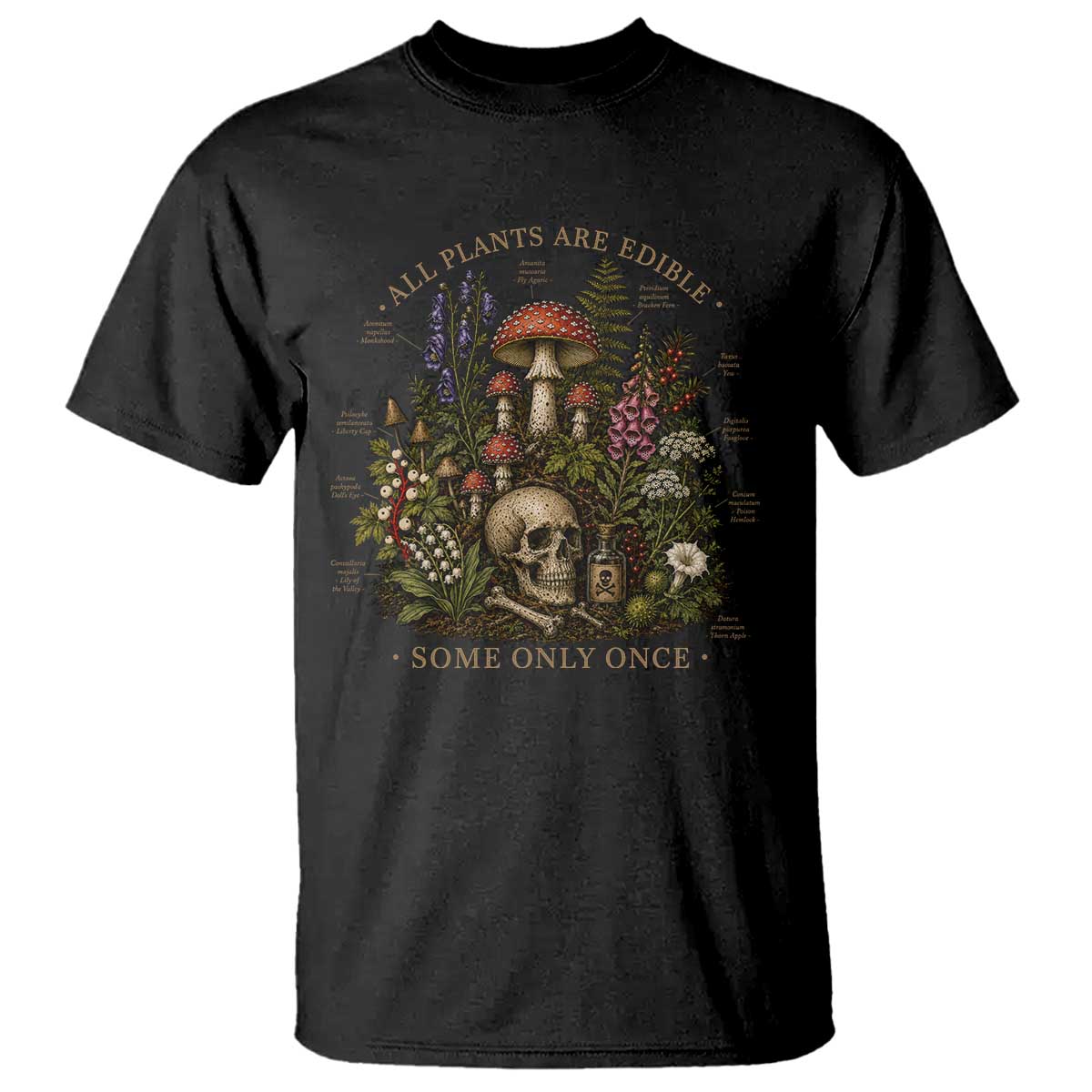 All Plants Are Edible Some Only Once T Shirt Vintage Botanical Mushroom Skull Gothic Plant Lover TS10 Black Print Your Wear