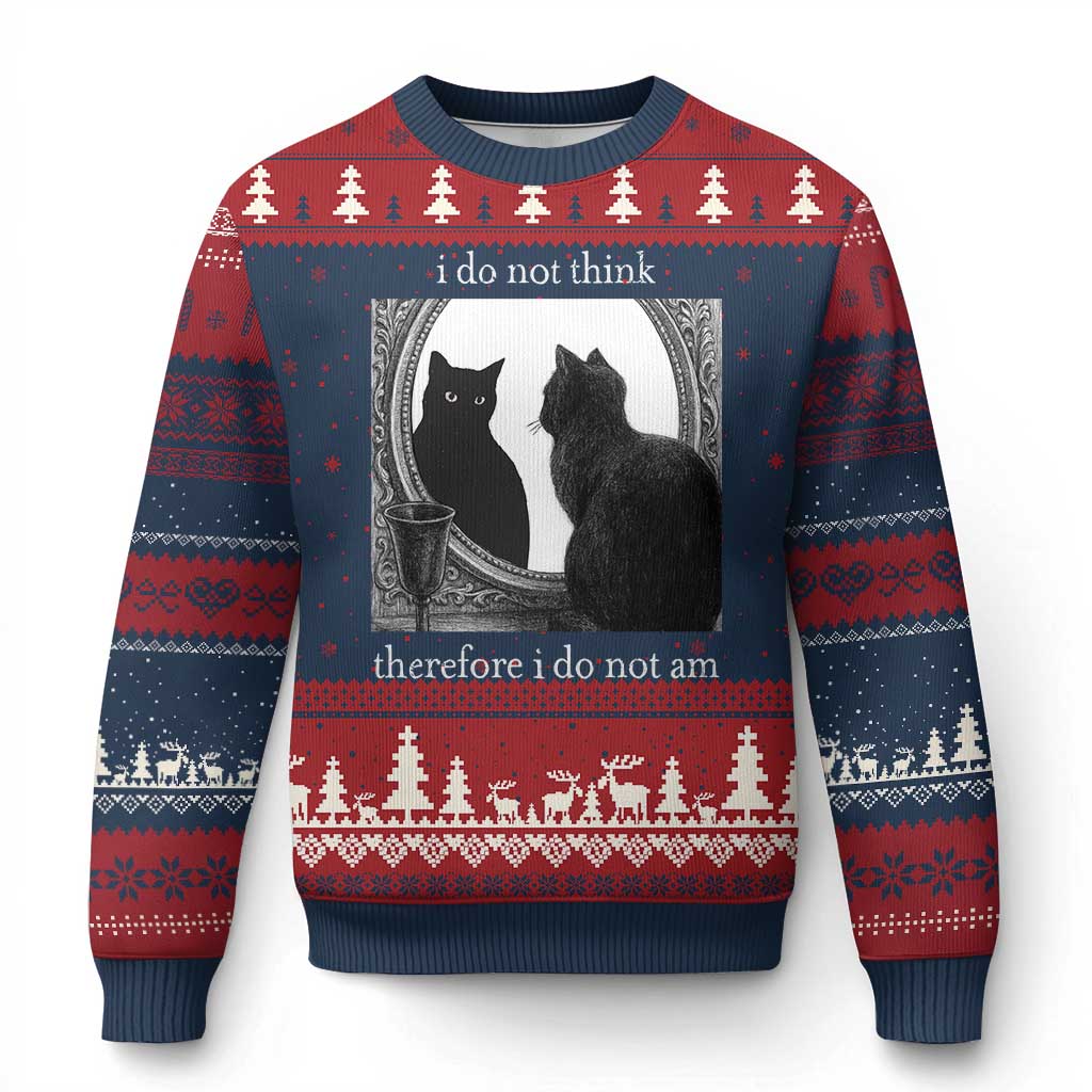 Funny Cat Ugly Christmas Sweater I Do Not Think Therefore I Do Not Am Goth Emo Grunge Witchy TS10 Navy Red Print Your Wear