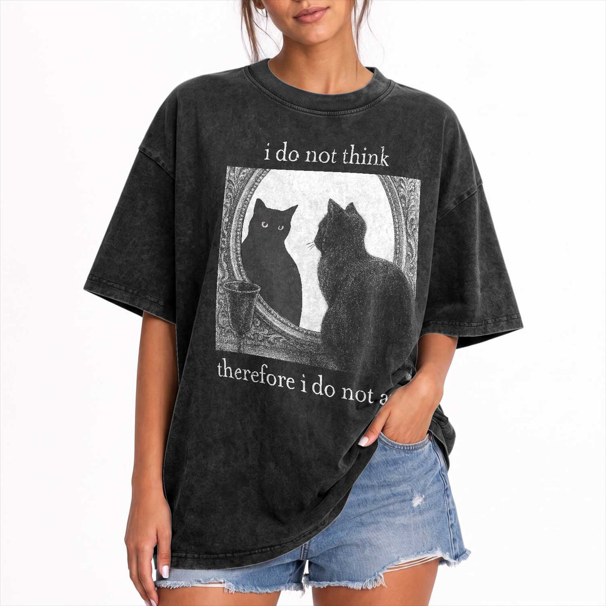 Funny Cat Washed Cotton T-Shirt I Do Not Think Therefore I Do Not Am Goth Emo Grunge Witchy