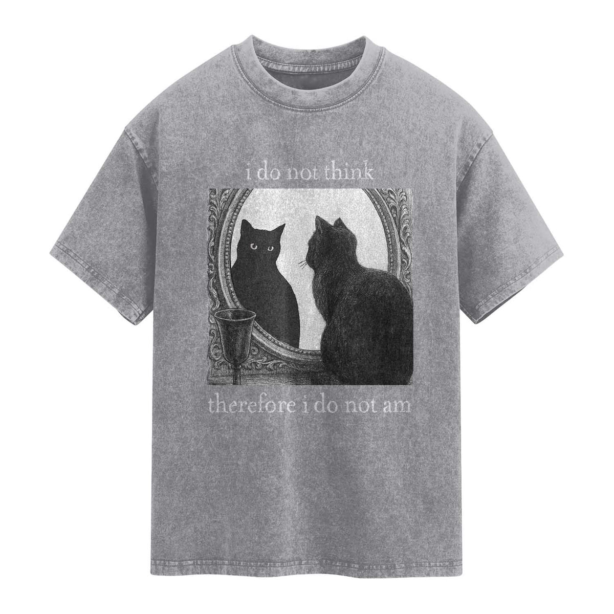 Funny Cat Washed Cotton T-Shirt I Do Not Think Therefore I Do Not Am Goth Emo Grunge Witchy