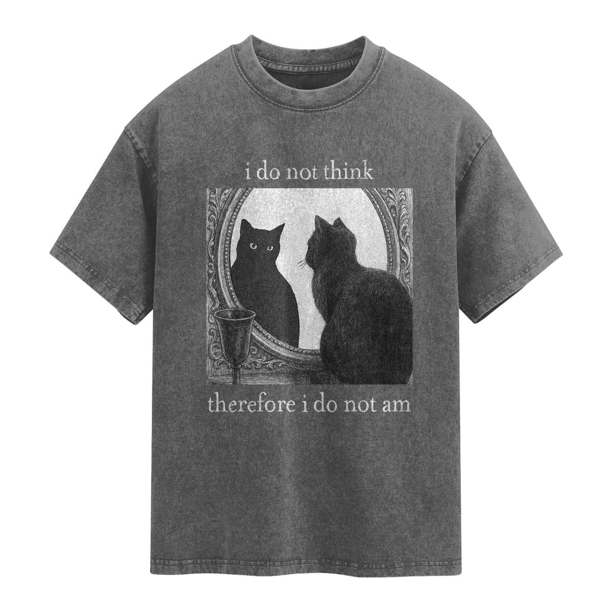 Funny Cat Washed Cotton T-Shirt I Do Not Think Therefore I Do Not Am Goth Emo Grunge Witchy