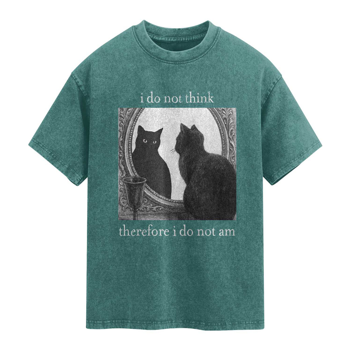 Funny Cat Washed Cotton T-Shirt I Do Not Think Therefore I Do Not Am Goth Emo Grunge Witchy