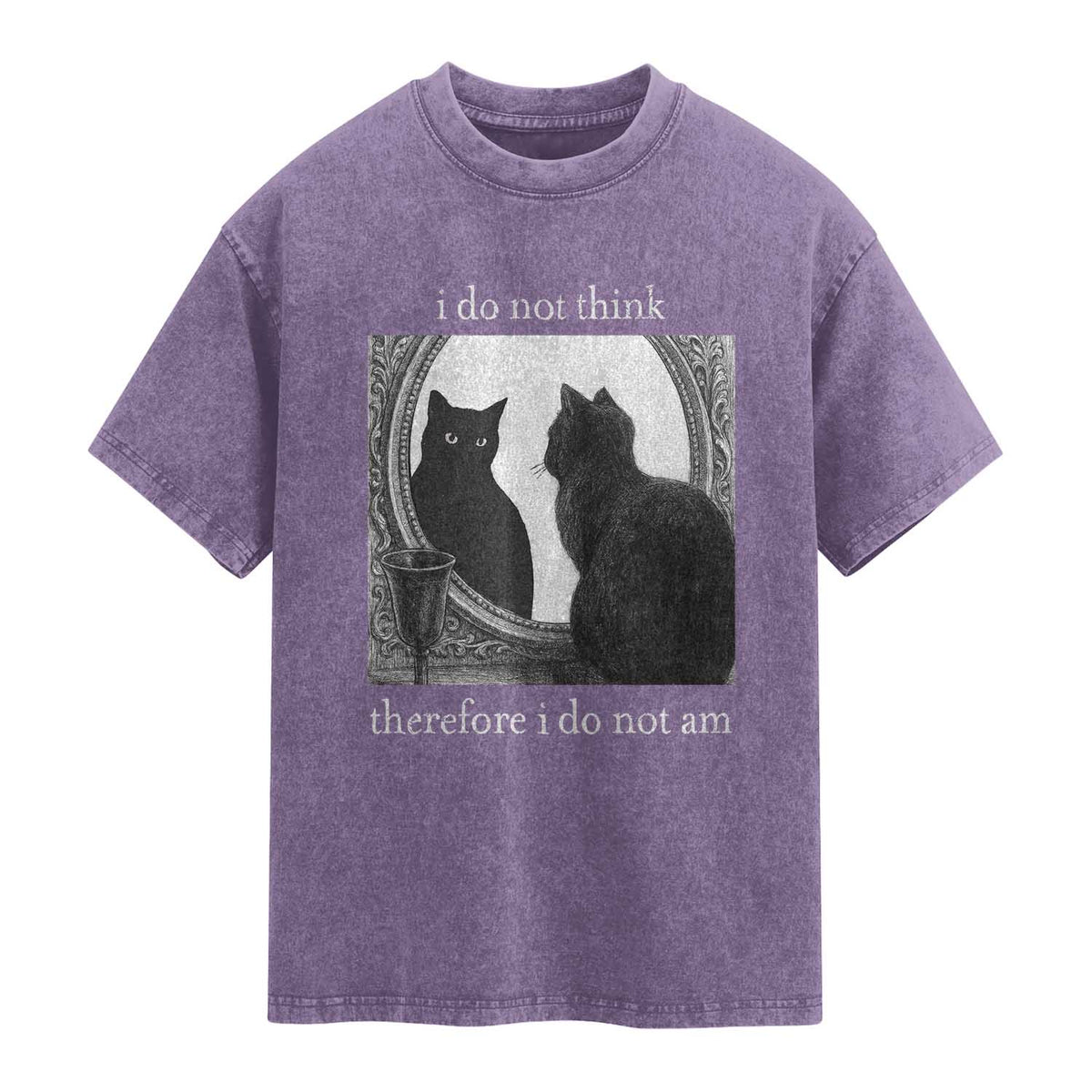 Funny Cat Washed Cotton T-Shirt I Do Not Think Therefore I Do Not Am Goth Emo Grunge Witchy