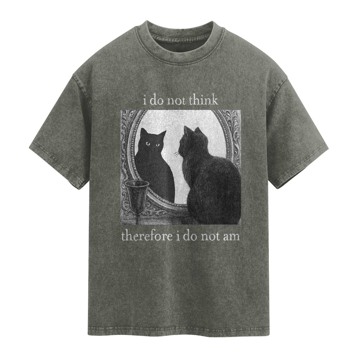Funny Cat Washed Cotton T-Shirt I Do Not Think Therefore I Do Not Am Goth Emo Grunge Witchy