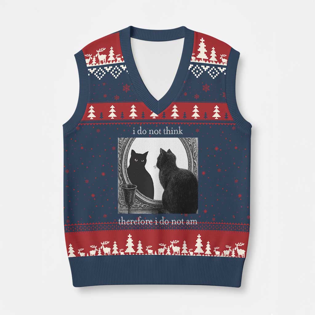 Funny Cat V-Neck Knit Sweater Vest I Do Not Think Therefore I Do Not Am Goth Emo Grunge Witchy TS10 Navy Red Print Your Wear