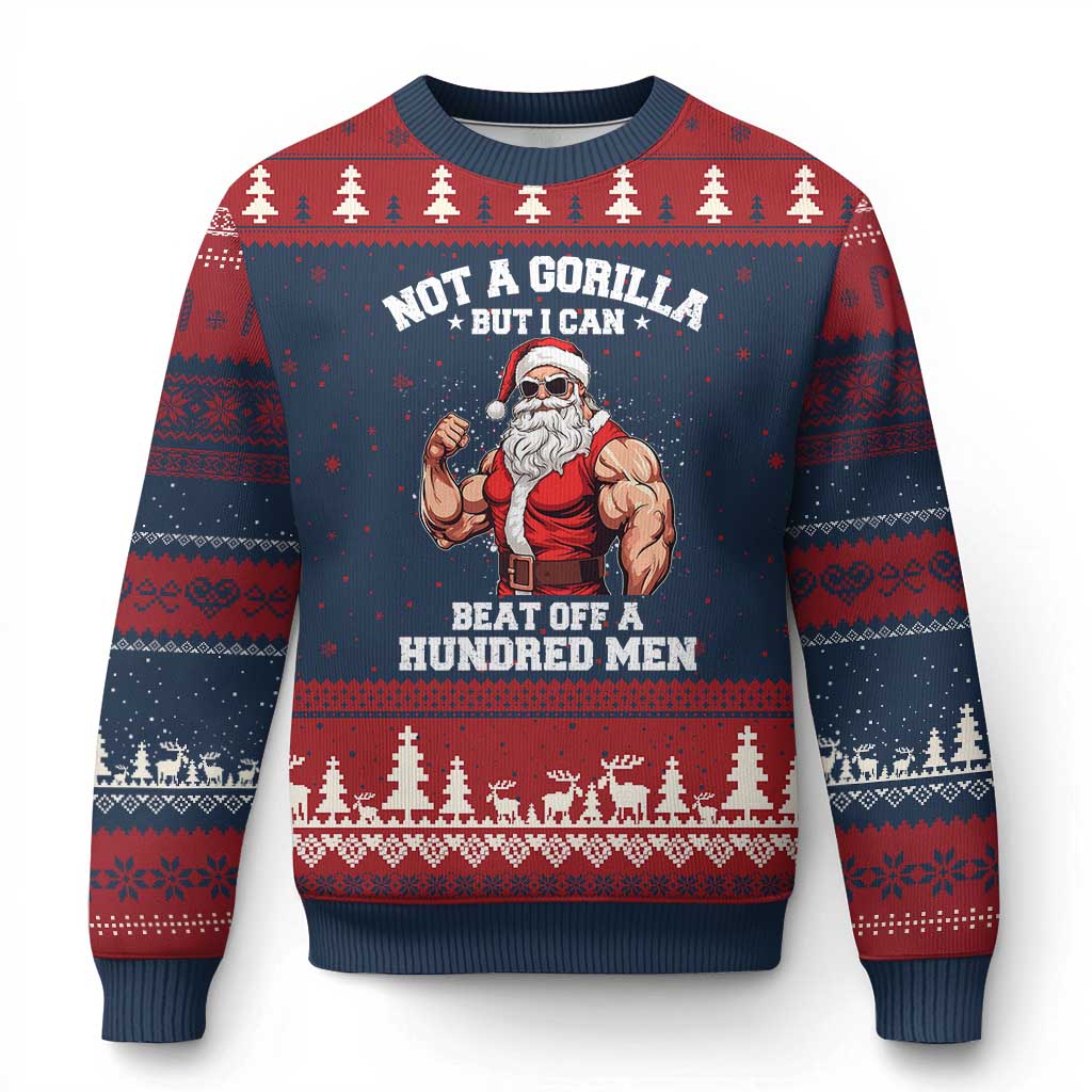 Funny Muscle Santa Ugly Christmas Sweater Not A Gorilla But I Can Beat Off 100 Men Bodybuilder Xmas TS10 Navy Red Print Your Wear