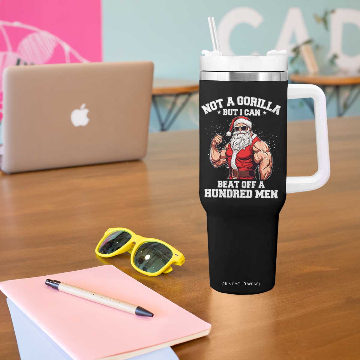 Funny Muscle Santa Tumbler With Handle Not A Gorilla But I Can Beat Off 100 Men Bodybuilder Christmas TS10 Print Your Wear