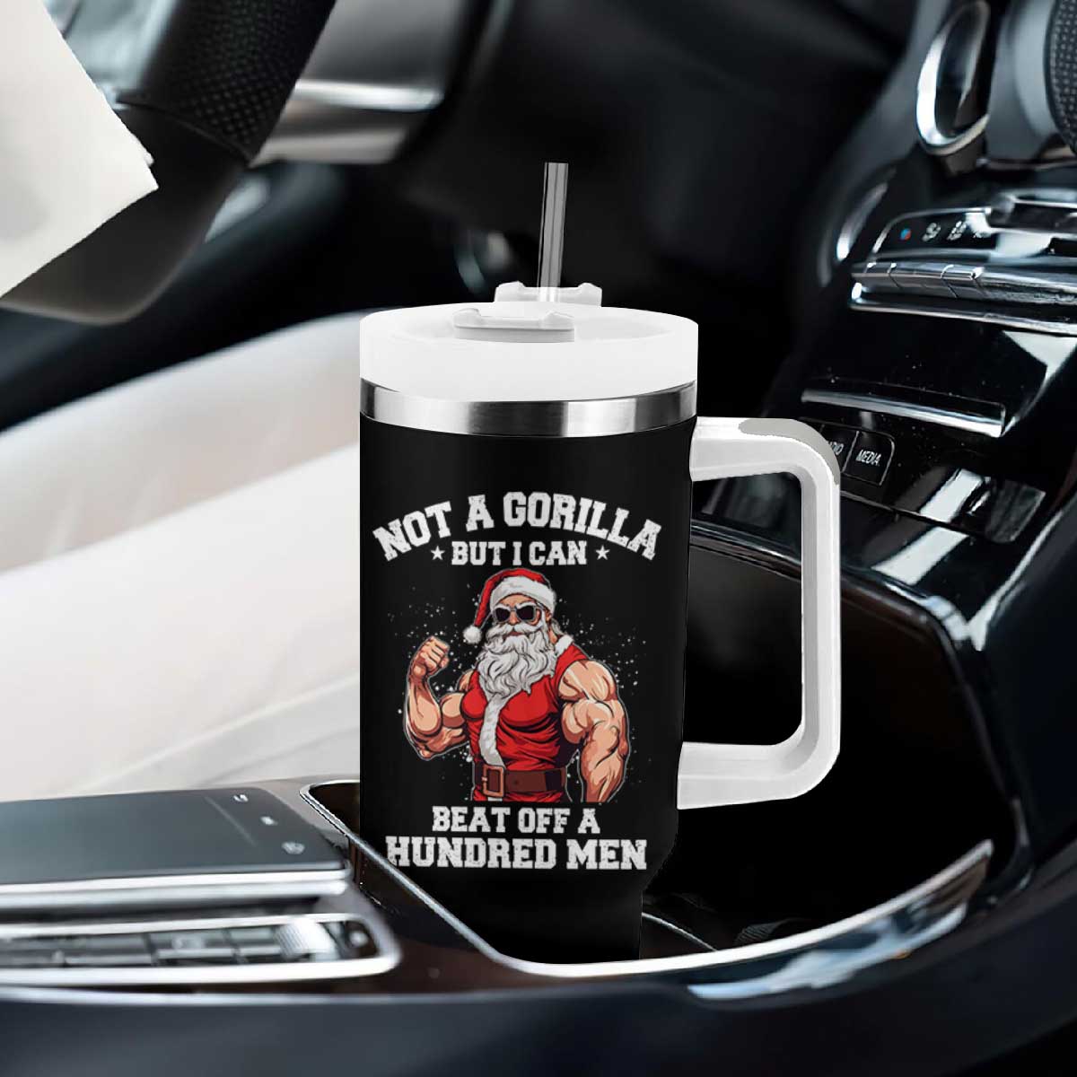 Funny Muscle Santa Tumbler With Handle Not A Gorilla But I Can Beat Off 100 Men Bodybuilder Christmas TS10 Print Your Wear