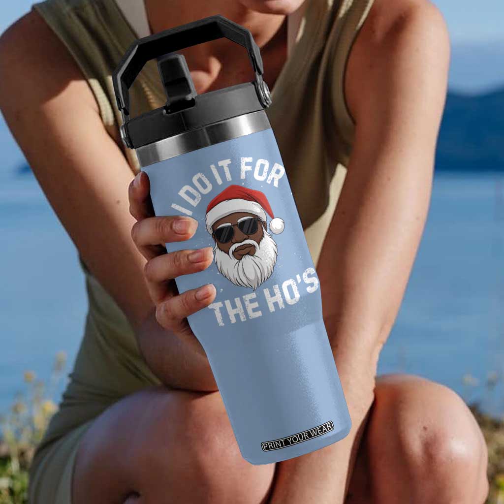 I Do It For The Hos Black Santa Christmas Flip Straw Tumbler Funny Inappropriate Rude Santa - Print Your Wear