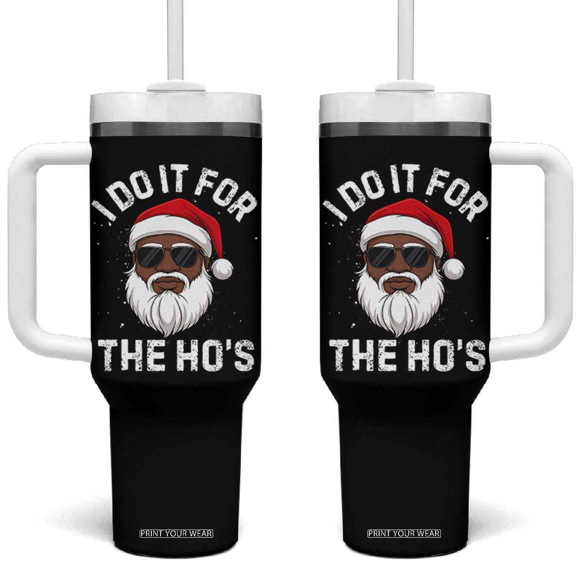 I Do It For The Hos Black Santa Christmas Tumbler With Handle Funny Inappropriate Rude Santa - Print Your Wear