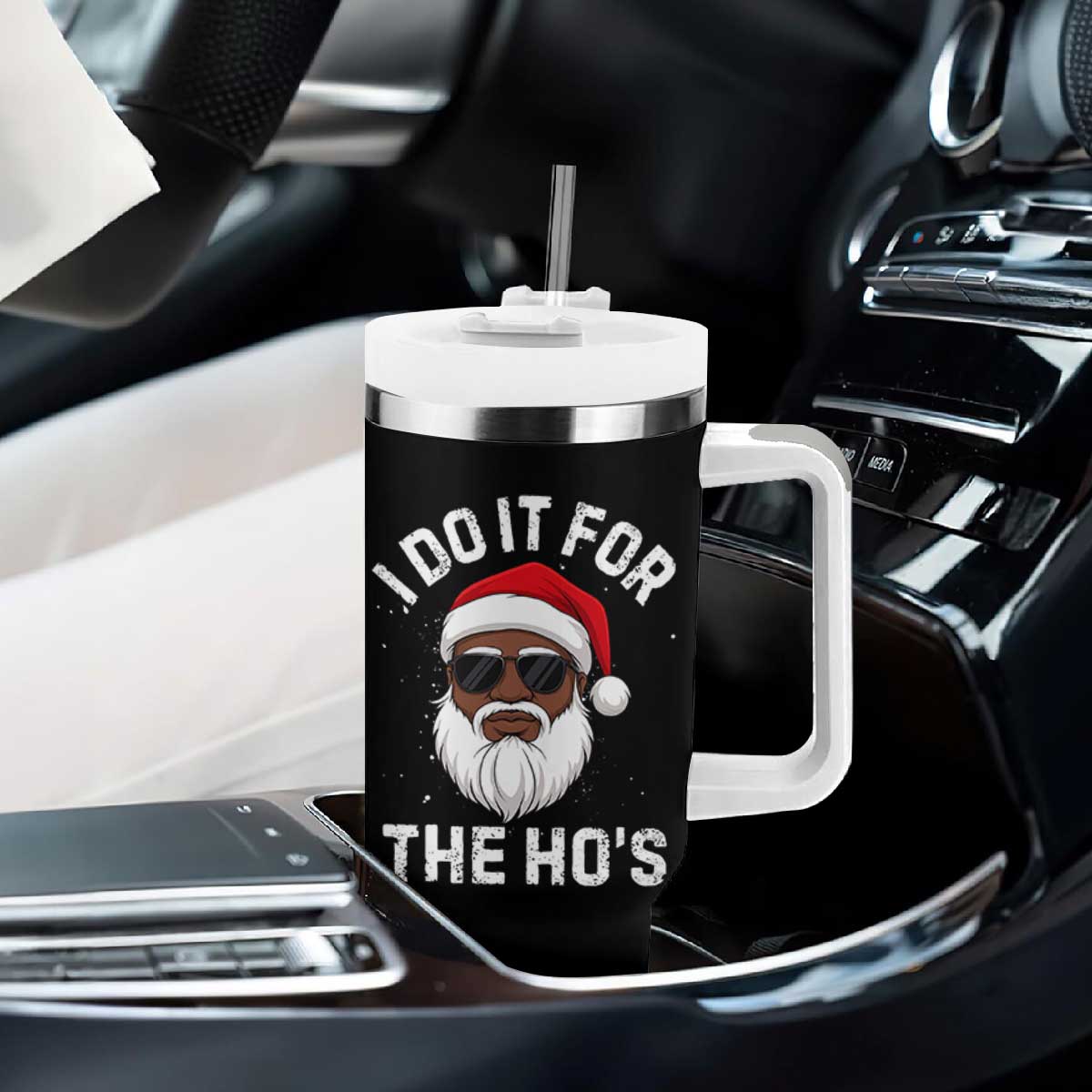 I Do It For The Hos Black Santa Christmas Tumbler With Handle Funny Inappropriate Rude Santa - Print Your Wear