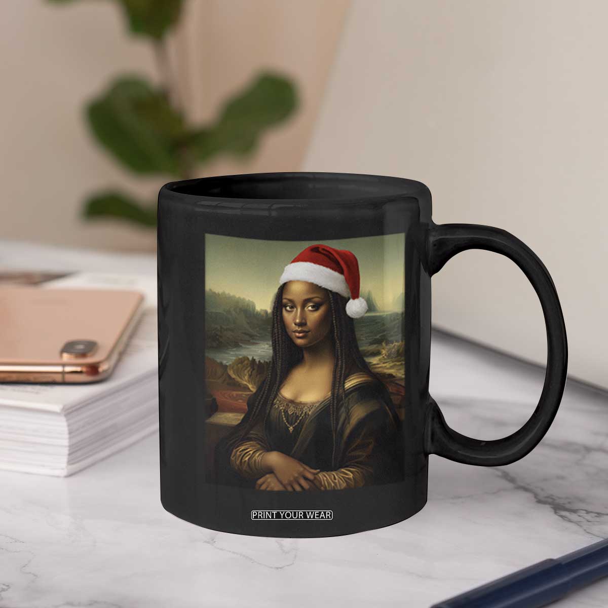 Funny Black Christmas Coffee Mug Vintage Mona Lisa Afro Santa Da Vinci Xmas - Print Your Wear