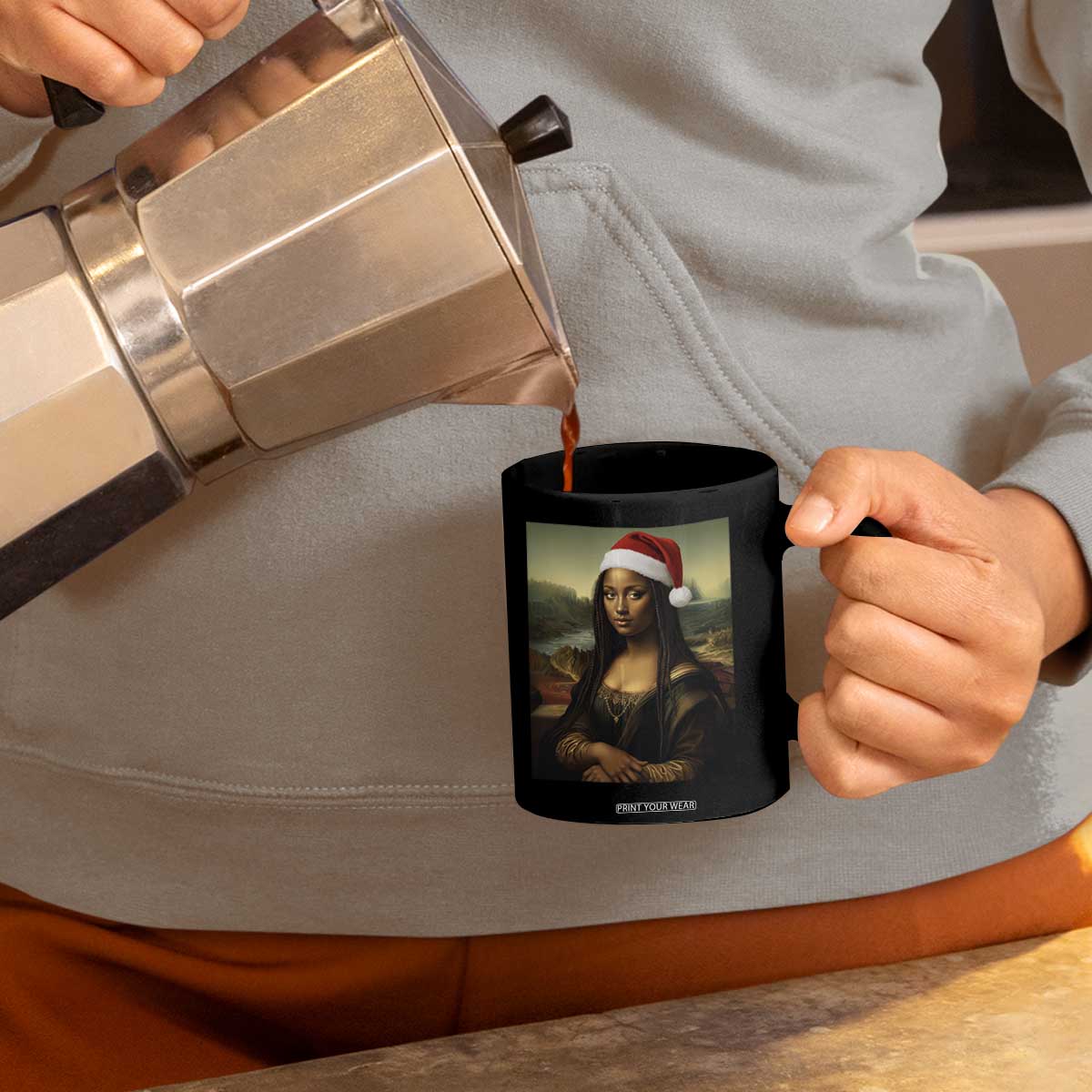 Funny Black Christmas Coffee Mug Vintage Mona Lisa Afro Santa Da Vinci Xmas - Print Your Wear