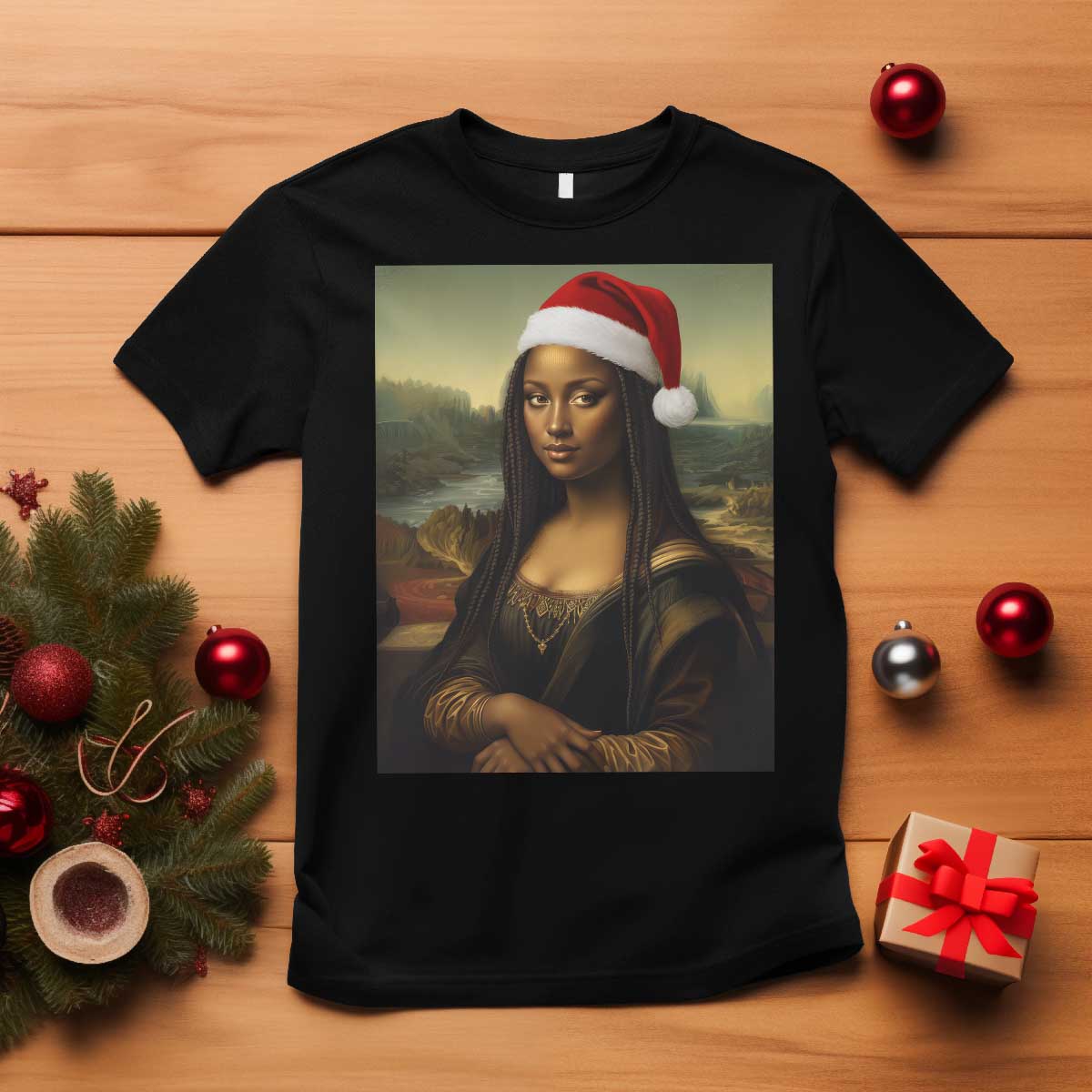 Funny Black Christmas T Shirt Vintage Mona Lisa Afro Santa Da Vinci Xmas TS10 Black Print Your Wear