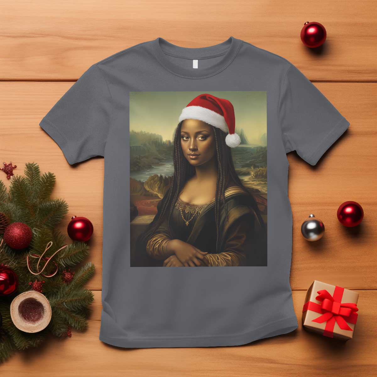 Funny Black Christmas T Shirt Vintage Mona Lisa Afro Santa Da Vinci Xmas - Print Your Wear