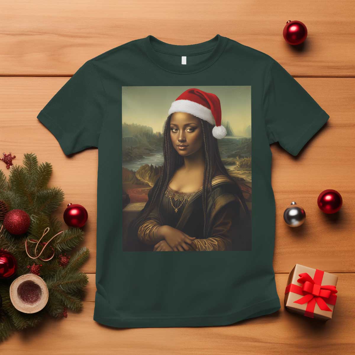 Funny Black Christmas T Shirt Vintage Mona Lisa Afro Santa Da Vinci Xmas TS10 Dark Forest Green Print Your Wear