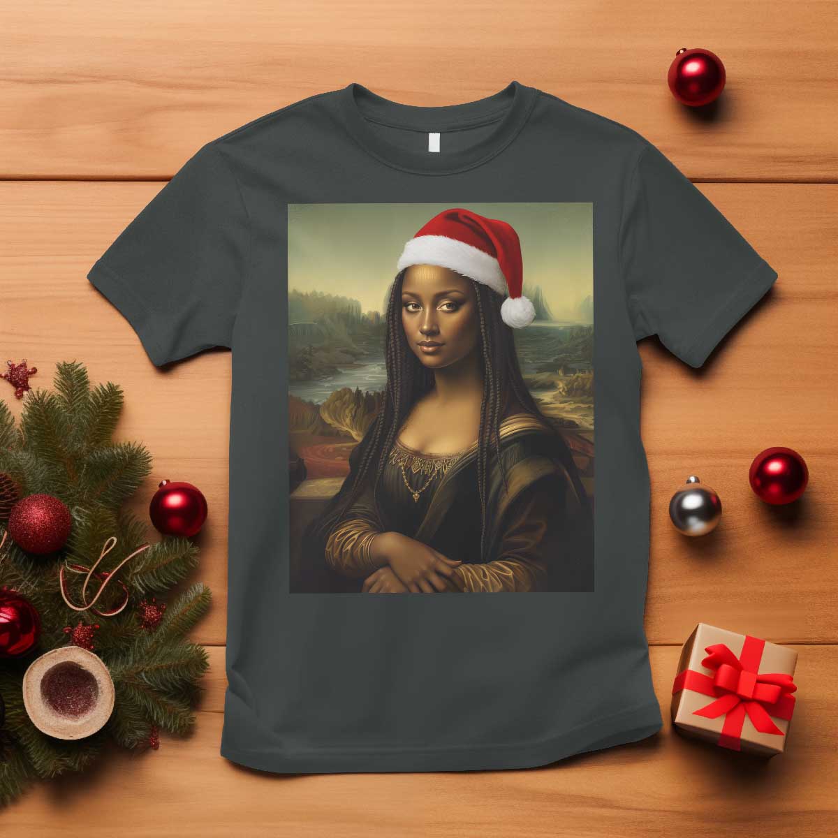 Funny Black Christmas T Shirt Vintage Mona Lisa Afro Santa Da Vinci Xmas - Print Your Wear
