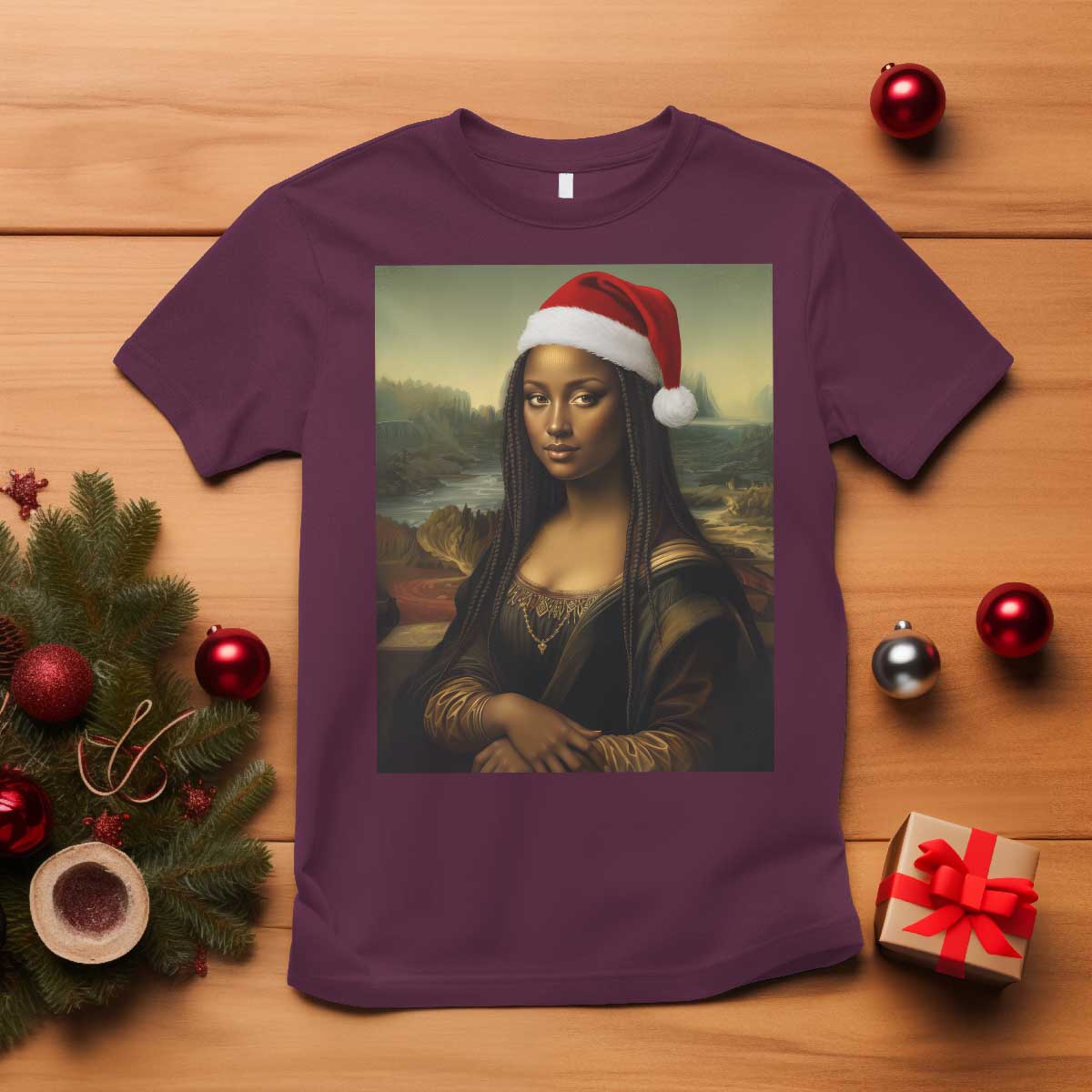 Funny Black Christmas T Shirt Vintage Mona Lisa Afro Santa Da Vinci Xmas TS10 Maroon Print Your Wear