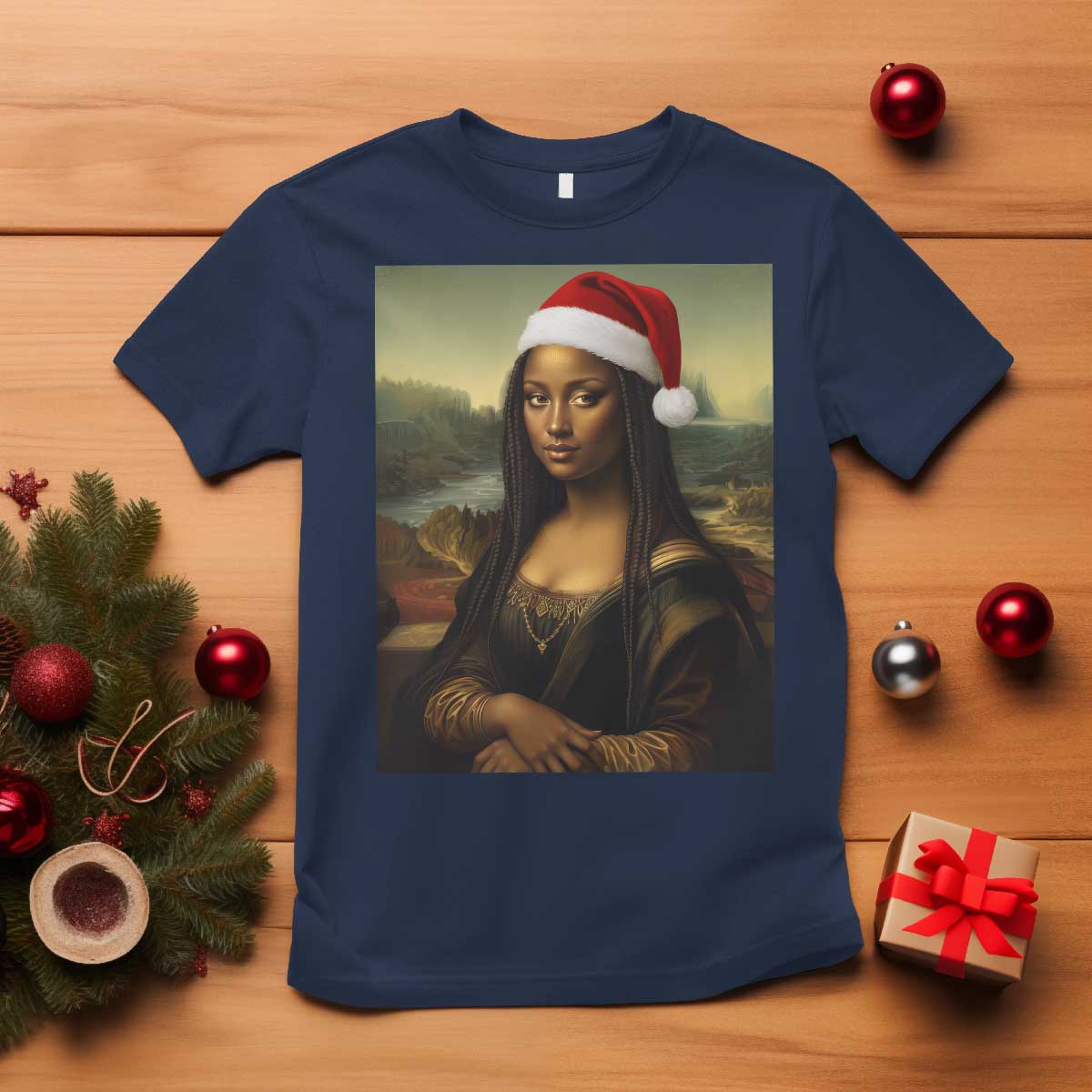Funny Black Christmas T Shirt Vintage Mona Lisa Afro Santa Da Vinci Xmas - Print Your Wear